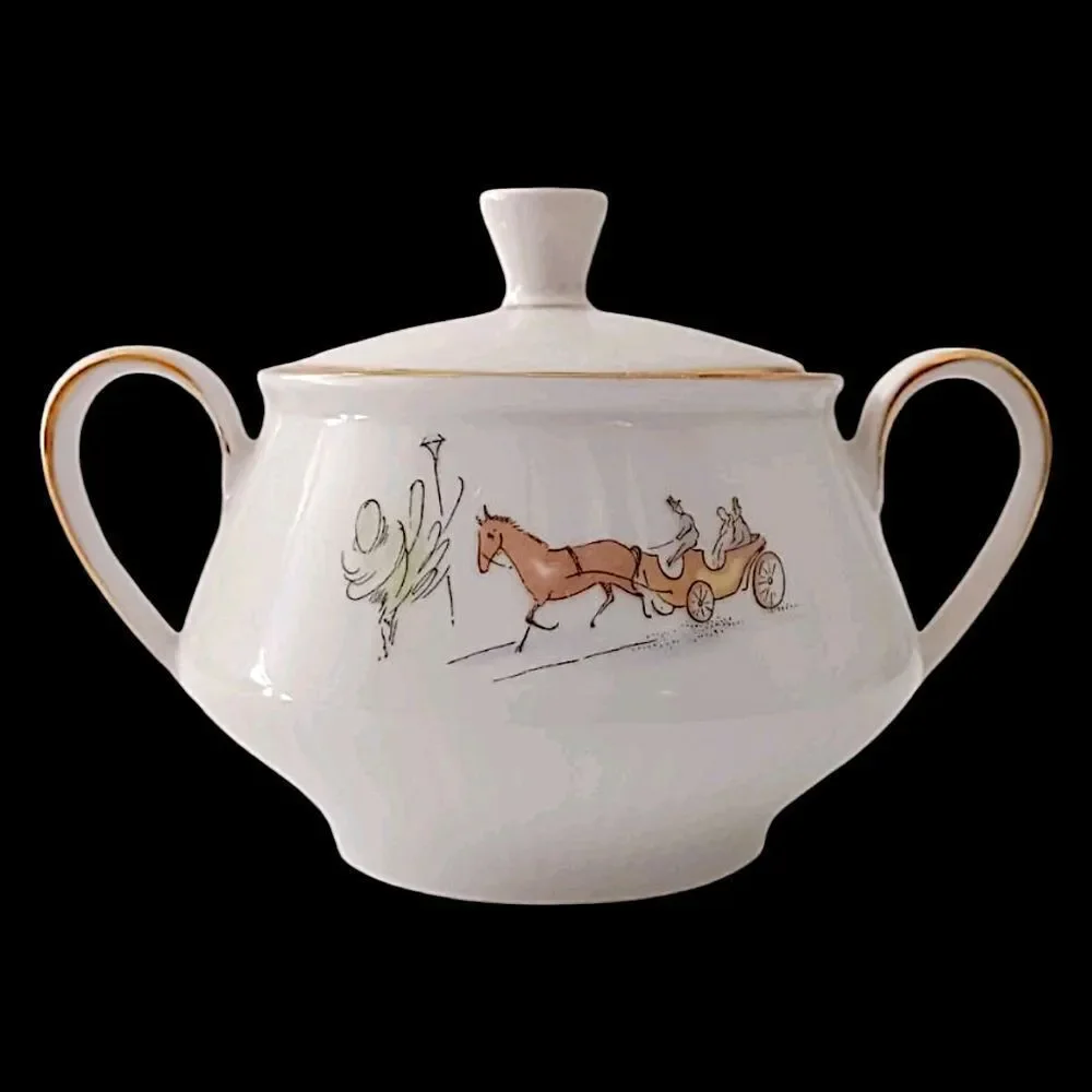 Bareuther Germany Porcelain Sugar Bowl Horse Carriage Street Scene‎ 8010 Vintage